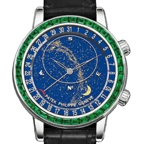 Grand Complications 6102 SS 3KF Best Edition Green Diamonds Bezel Blue Dial on Blue Leather Strap A240